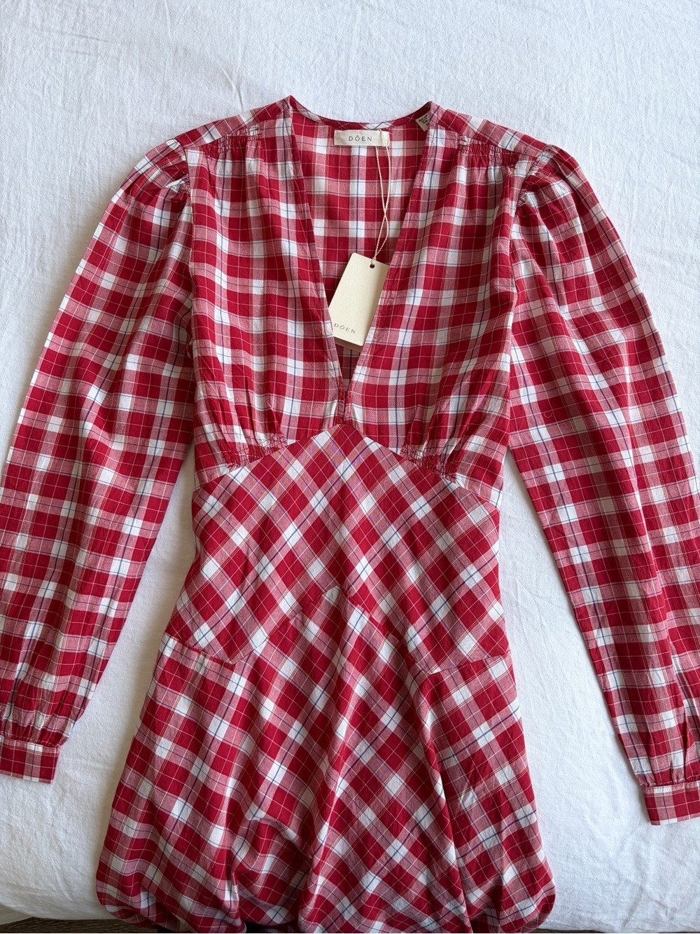 NWT Doen Charleston Cotton V Neck Long Sleeve A Line Maxi Dress Alsace Plaid Red - Picture 10 of 16